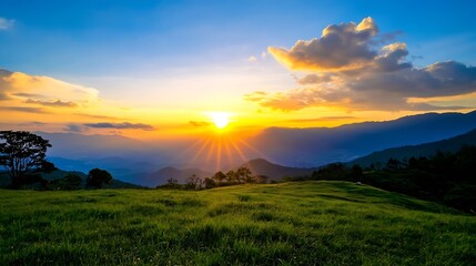 Fototapete - Breathtaking Sunrise Over Mountainous Landscape with Vibrant Sun Rays and Lush Greenery : Generative AI
