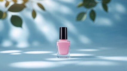 Poster - beautiful pink nail polish bottle on a soft blue background with green leaf shadows creating an eleg