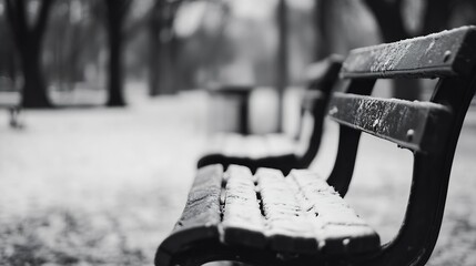 Poster - Lonely park bench covered in snow creating a calm and tranquil winter atmosphere in a quiet city park : Generative AI