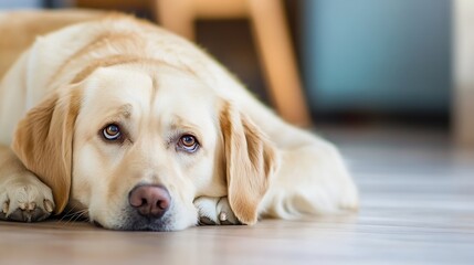 Poster - Yellow Labrador Dog Laying on Floor Looking Hopeful and Relaxed in Cozy Home Environment : Generative AI