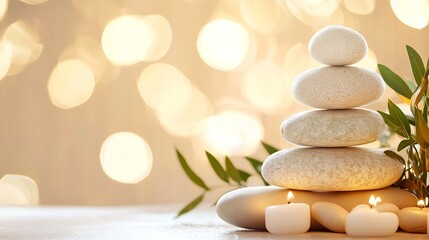 Aufkleber - Beautiful Stacked Stones with Candles and Greenery for Peaceful Zen Decor : Generative AI