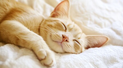 Poster - Cute orange cat sleeping peacefully on a soft blanket with a bright and cozy atmosphere in a home setting : Generative AI