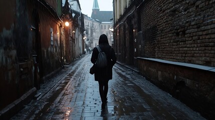 Aufkleber - Lonely Traveler Walking Down a Rainy Cobblestone Street at Night : Generative AI