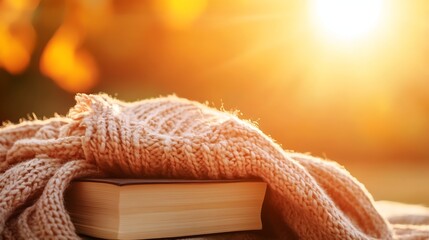 Poster - Relaxing Scene of a Book and Cozy Blanket Bathed in Soft Sunset Light : Generative AI