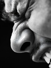 Poster - Expressive black and white portrait capturing the raw emotion of a person with closed eyes and clenched features : Generative AI