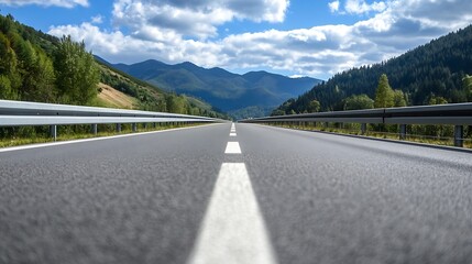 Aufkleber - Expansive Mountain Road Stretching into the Distance Beneath a Bright Blue Sky : Generative AI