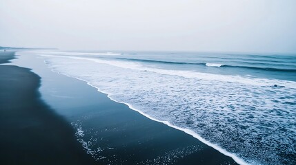 Poster - Peaceful view of rolling waves on a foggy beach with a tranquil shoreline and soft earth tones : Generative AI