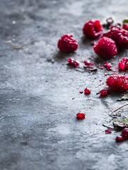 Poster - Fresh raspberries scattered on a dark surface creating an appetizing and artistic display : Generative AI