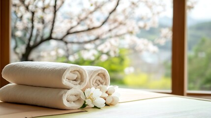 Poster - Serene spa scene with rolled towels and fresh flowers against a soft-focus nature backdrop : Generative AI