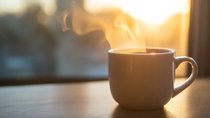 Poster - Steaming cup of coffee sitting on a table with warm sunlight creating a cozy atmosphere for coffee lovers : Generative AI