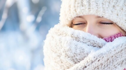 Poster - Close Up of a Woman Wrapped in a Warm Scarf with Eyes Closed in a Snowy Winter Scene : Generative AI