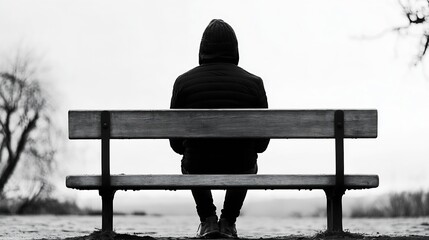 Aufkleber - Man Sitting Alone on a Park Bench in Black and White Reflecting on Life Experience : Generative AI