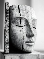 Poster - CloseUp View of a Unique Cracked Stone Face Sculpture in Natural Light : Generative AI