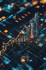 Poster - A visually striking digital representation of financial growth, showcasing an upward trending chart against a high-tech data background, perfect for business and finance themes.
