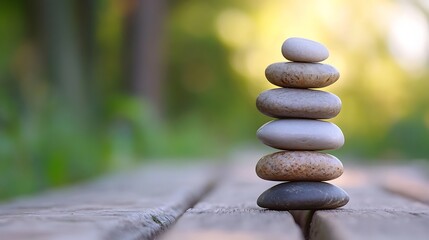 Fototapete - Balanced Stones on a Wooden Surface Symbolizing Tranquility and Serenity in Nature : Generative AI