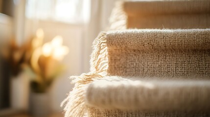 Poster - Cozy staircase with soft woven texture under warm sunlight creating an inviting atmosphere at home : Generative AI