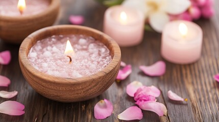 Poster - Spa setting with relaxing candles and bath salt highlighted by flower petals on a wooden surface : Generative AI
