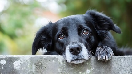 Poster - Close-Up Portrait of a Black Dog with Expressive Eyes Resting on a Garden Wall : Generative AI
