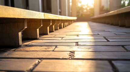 Poster - Warm sunlight casting shadows on rustic stone pathway in tranquil environment : Generative AI