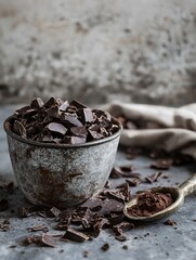 Poster - Rustic metal bowl filled with dark chocolate pieces and cocoa powder on a weathered surface : Generative AI