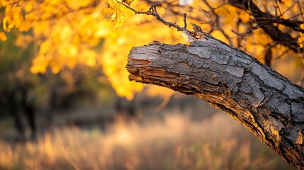 Poster - Close up view of a textured tree branch surrounded by vibrant autumn leaves at sunset : Generative AI