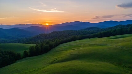Poster - Breathtaking sunset over rolling hills and mountains shining through colorful clouds : Generative AI