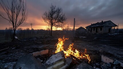 Poster - Scorched Earth Landscape with Flames and Dramatic Sunset Over Burnt Land : Generative AI