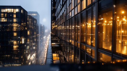 Poster - Modern architecture featuring reflectively illuminated glass buildings during a rainy evening : Generative AI