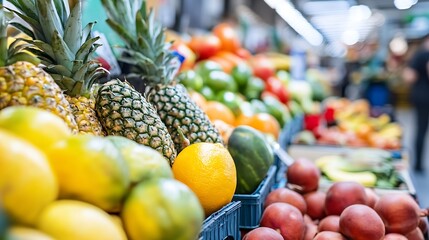 Poster - Fresh vibrant fruits on display at a market including pineapples oranges and apples : Generative AI