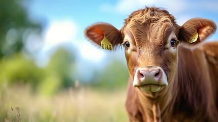 Poster - A closeup portrait of a brown cow in a lush green pasture under a beautiful sky : Generative AI