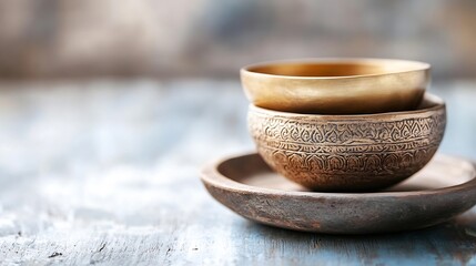 Leinwandbilder - Elegant antique bowls stacked on textured wood background in soft light : Generative AI