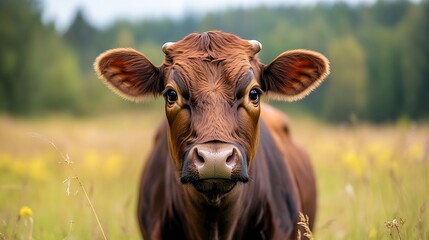 Poster - Charming Brown Cow in a Meadow Surrounded by Lush Greenery and Natural Beauty : Generative AI