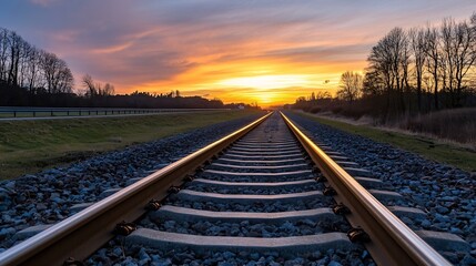 Aufkleber - Stunning Sunset Over Tranquil Railroad Tracks Illuminated by Golden Light : Generative AI