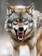 Poster - A fierce wolf growling and showing its teeth with a blurred background representing wild nature : Generative AI