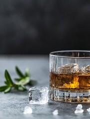 Aufkleber - Glass of Whiskey with Ice and a Sprig of Greenery on a Dark Background : Generative AI
