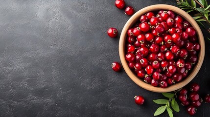 Poster - Top view of a wooden bowl filled with fresh red cranberries arranged neatly with green leaves on a dark stone background : Generative AI