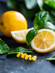 Aufkleber - Freshly cut lemons and mint leaves arranged beautifully with zested lemon peel : Generative AI