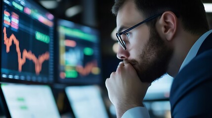 Poster - A focused businessperson analyzing stock market data on multiple screens showcasing graphs and trading information : Generative AI