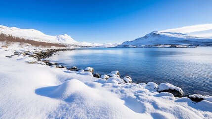 Poster - Breathtaking Winter Landscape with Snow Covered Mountains and Calm Blue Lake : Generative AI