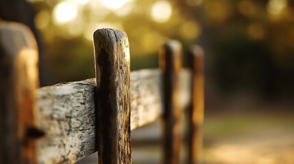 Poster - closeup view of a rustic wooden fence post capturing warm sunlight in a serene outdoor setting : gen