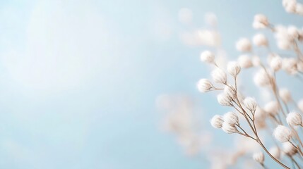 Poster - Softly lit minimalistic composition of delicate white flowers blossoming against a pale blue background : Generative AI
