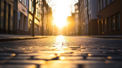 Poster - Golden sunlight illuminating a peaceful cobblestone street during early morning hours : Generative AI
