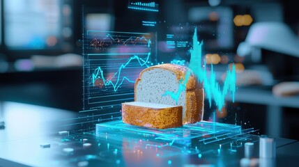 Poster - This modern image showcases a slice of bread represented as a holographic element, intertwined with data graphs and analytics, symbolizing innovation in food technology and finance.