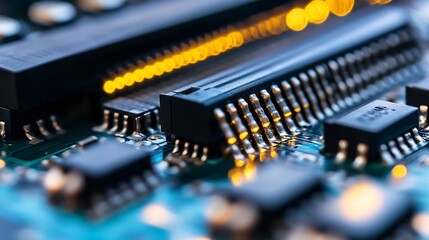Fototapete - Close up of a modern circuit board with glowing components promoting technology trends : Generative AI