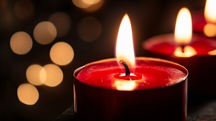 Fototapete - Elegant red candles burning softly against a blurred background of glowing lights : Generative AI