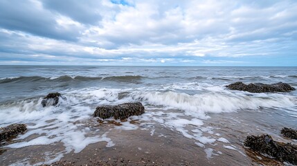 Poster - Dynamic ocean waves crashing onto rocky shore under a dramatic sky with shifting clouds : Generative AI