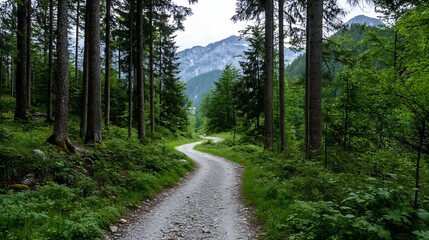 Poster - Scenic winding path through lush green trees and mountains in a serene nature landscape : Generative AI