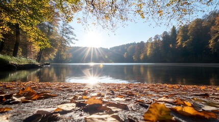 Poster - Vibrant autumn landscape with golden leaves reflecting in the peaceful lake at sunrise : Generative AI