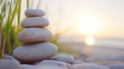 Aufkleber - Stack of smooth pebbles balanced on a beach at sunset highlighting tranquility and natural beauty : Generative AI