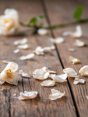 Poster - Delicate flower petals scattered on rustic wooden surface creating a serene and natural ambiance : Generative AI